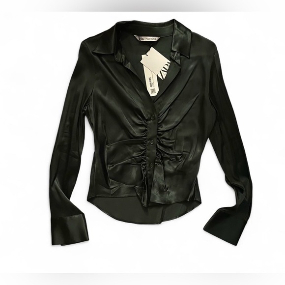 Zara dark green satin long sleeve blouse with ruching size small. NWT - Picture 2 of 7